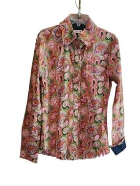 Tizzie Women's Pink Paisley Button-Up Blouse Fringe Trim